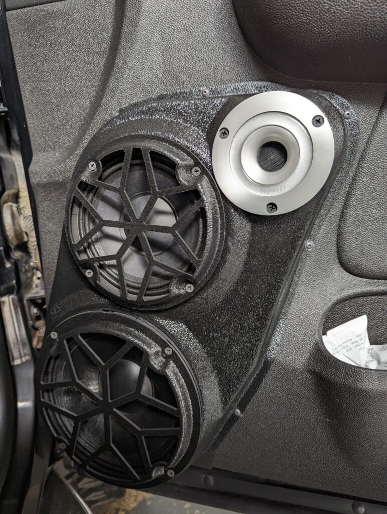 Front Door Custom Speaker Pods for the 2007-2009 Cadillac Escalade Chevrolet Avalanche Tahoe Silverado Suburban GMC Yukon Sierra to hold 8.0 in and 6.5 in and 3.5 in  speakers for car audio installation upgrade