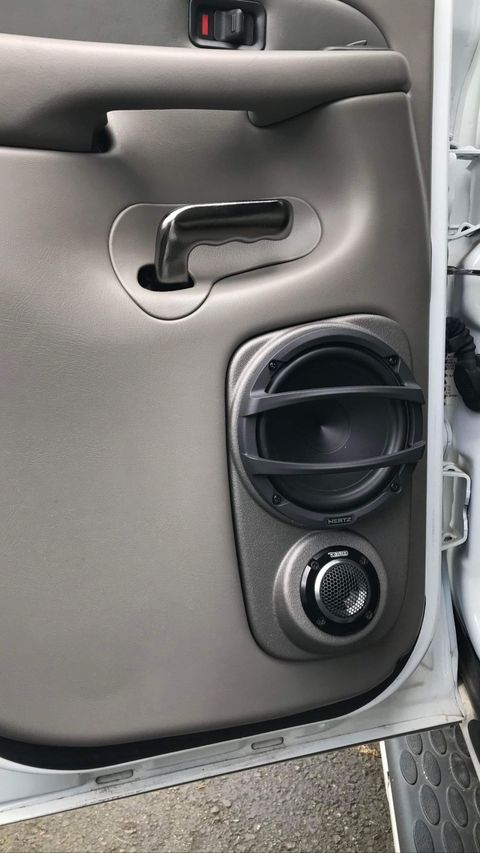 Rear Door Custom Speaker Pods for the 2000-2006 Cadillac Escalade Chevrolet Avalanche Silverado Tahoe Suburban GMC Sierra Yukon to hold 6.5 in and 3.5 in speakers for car audio installation upgrade