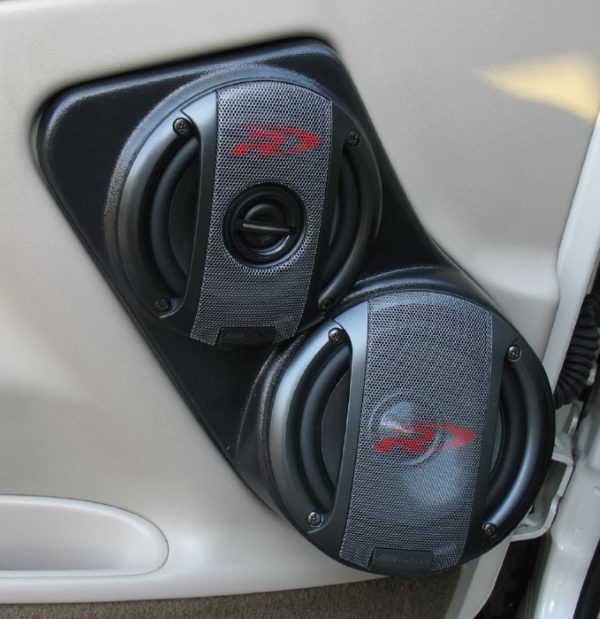 Front Door Custom Speaker Pods for the 2000-2006 Cadillac Escalade Chevrolet Avalanche Silverado Tahoe Suburban GMC Sierra Yukon to hold 6.5 in and 5.25 in speakers for car audio installation upgrade