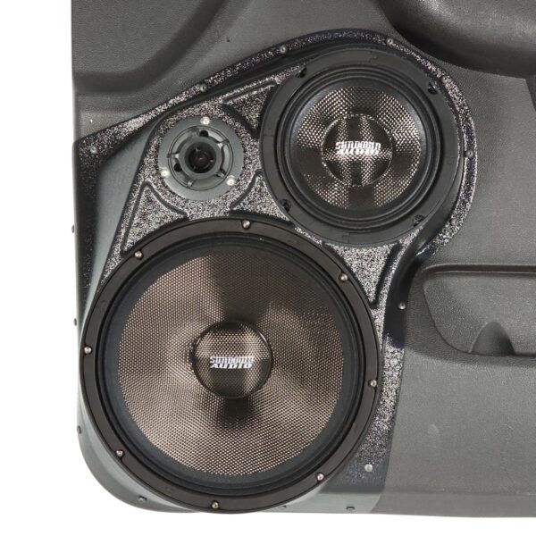 Front Door Custom Speaker Pods for the 2007-2009 Cadillac Escalade Chevrolet Avalanche Tahoe Silverado Suburban GMC Yukon Sierra to hold 10.0 in and 6.5 in and 3.5 in speakers for car audio installation upgrade