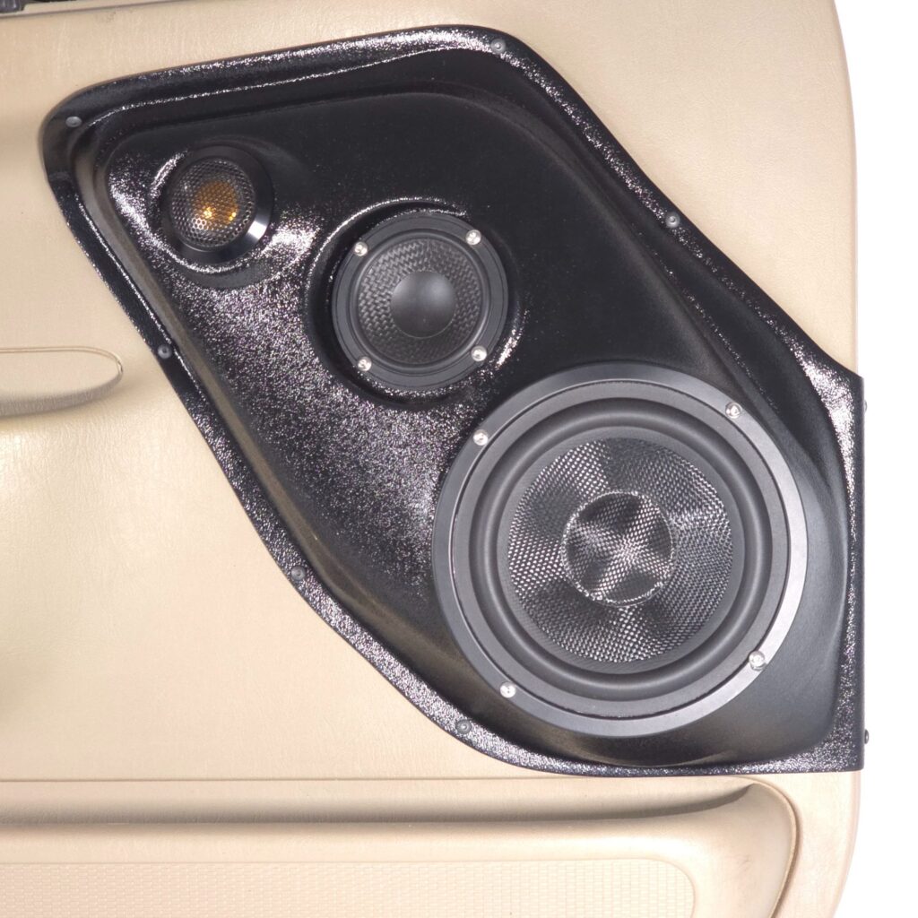 Front Door Custom Speaker Pods for the 1999-2007 Ford Excursion F-250F-350 to hold 6.5 in and 3.5 in and 2.0 in speakers for car audio installation upgrade