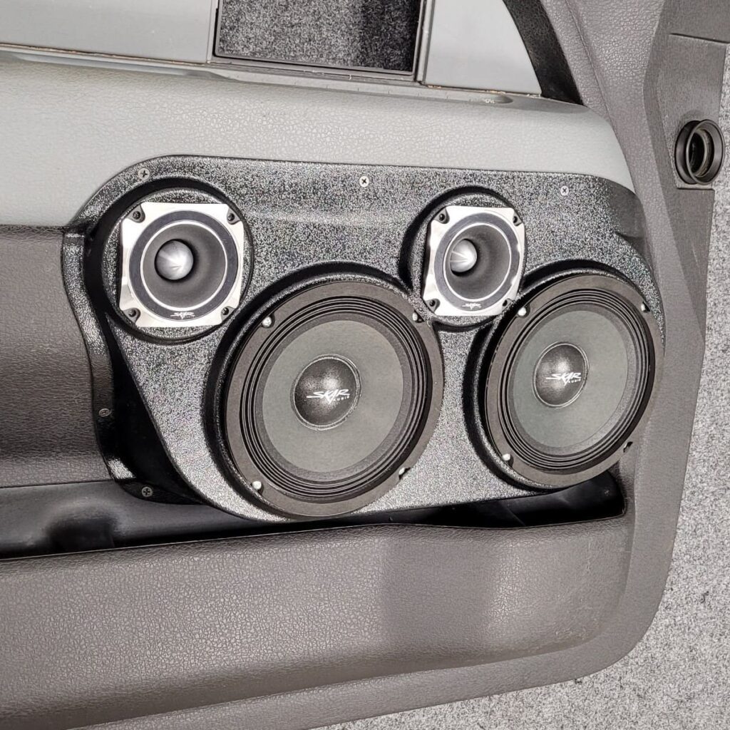 Front Door Custom Speaker Pods for the 2009-2014 Ford F-150 to hold Dual 6.5 in and Dual 3.5 in speakers for car audio installation upgrade