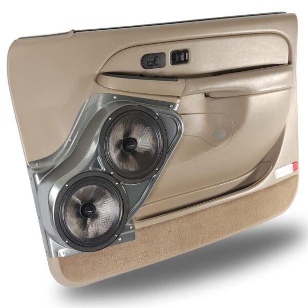 Front Door Custom Speaker Pods for the 2000-2006 Cadillac Escalade Chevrolet Avalanche Silverado Tahoe Suburban GMC Sierra Yukon to hold Dual 8.0 in speakers for car audio installation upgrade