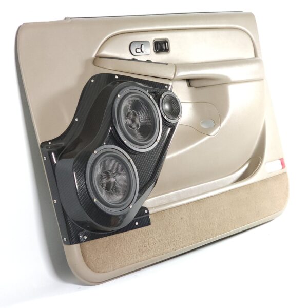 Front Door Custom Speaker Pods for the 2000-2006 Cadillac Escalade Chevrolet Avalanche Silverado Tahoe Suburban GMC Sierra Yukon to hold Dual 6.5 in and 3.5 in speakers for car audio installation upgrade