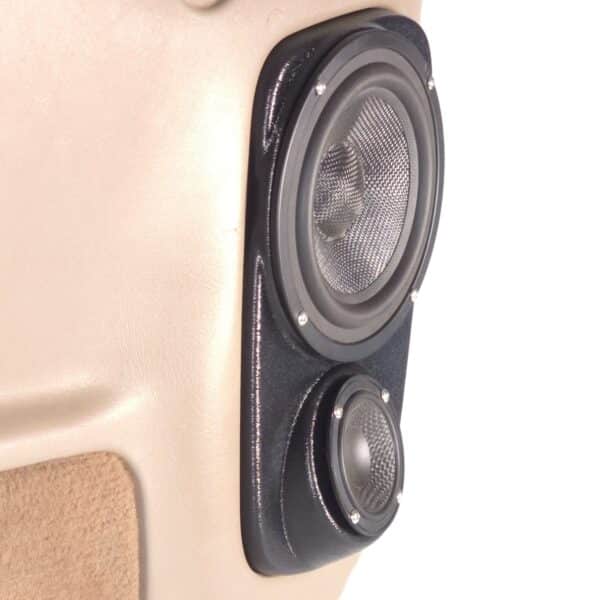 Rear Door Custom Speaker Pods for the 2000-2006 Cadillac Escalade Chevrolet Avalanche Silverado Tahoe Suburban GMC Sierra Yukon to hold 6.5 in and 3.5 in speakers for car audio installation upgrade