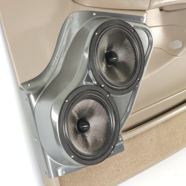 Front Door Custom Speaker Pods for the 2000-2006 Cadillac Escalade Chevrolet Avalanche Silverado Tahoe Suburban GMC Sierra Yukon to hold Dual 8.0 in speakers for car audio installation upgrade