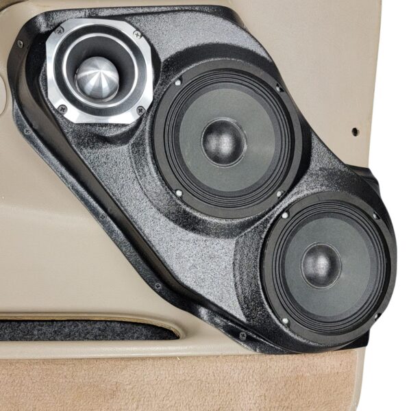 Front Door Custom Speaker Pods for the 2000-2006 Cadillac Escalade Chevrolet Avalanche Silverado Tahoe Suburban GMC Sierra Yukon to hold Dual 6.5 in and 4.0 in speakers for car audio installation upgrade