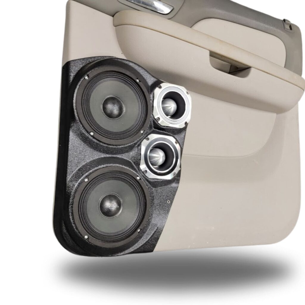 Rear Door Custom Speaker Pods for the 2007-2009 Cadillac Escalade Chevrolet Avalanche Tahoe Silverado Suburban GMC Yukon Sierra to hold Dual 6.5 in and Dual 3.5 in speakers for car audio installation upgrade