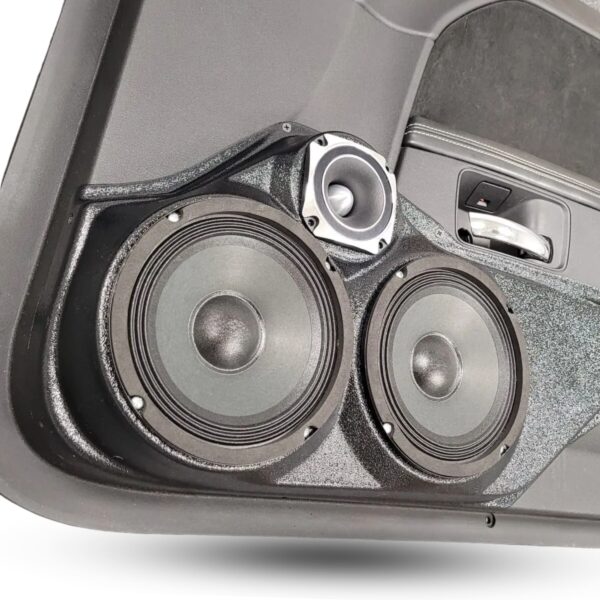 Front Door Custom Speaker Pods for the 2008-2014 Dodge Challenger to hold Dual 6.5 in and 3.5 in speakers for car audio installation upgrade
