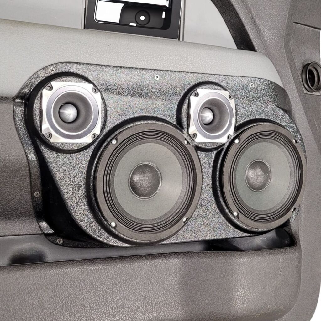 Front Door Custom Speaker Pods for the 2009-2014 Ford F-150 to hold Dual 6.5 in and Dual 3.5 in speakers for car audio installation upgrade