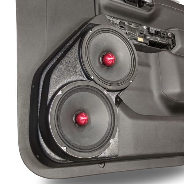 Front Door Custom Speaker Pods for the 2019-2023 Chevrolet Silverado GMC Sierra to hold Dual 8.0 in speakers for car audio installation upgrade