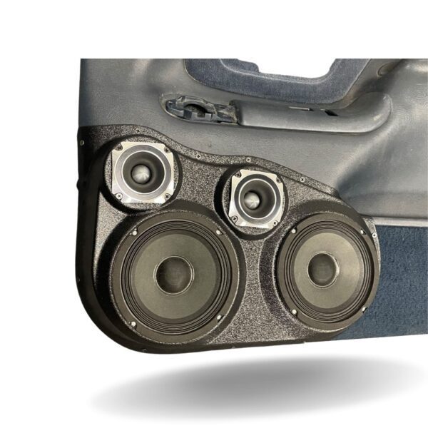 Front Door Custom Speaker Pods for the 1995-1999 Cadillac Escalade Chevrolet Silverado Suburban Tahoe GMC Sierra Yukon to hold Dual 6.5 in and Dual 3.5 in speakers for car audio installation upgrade