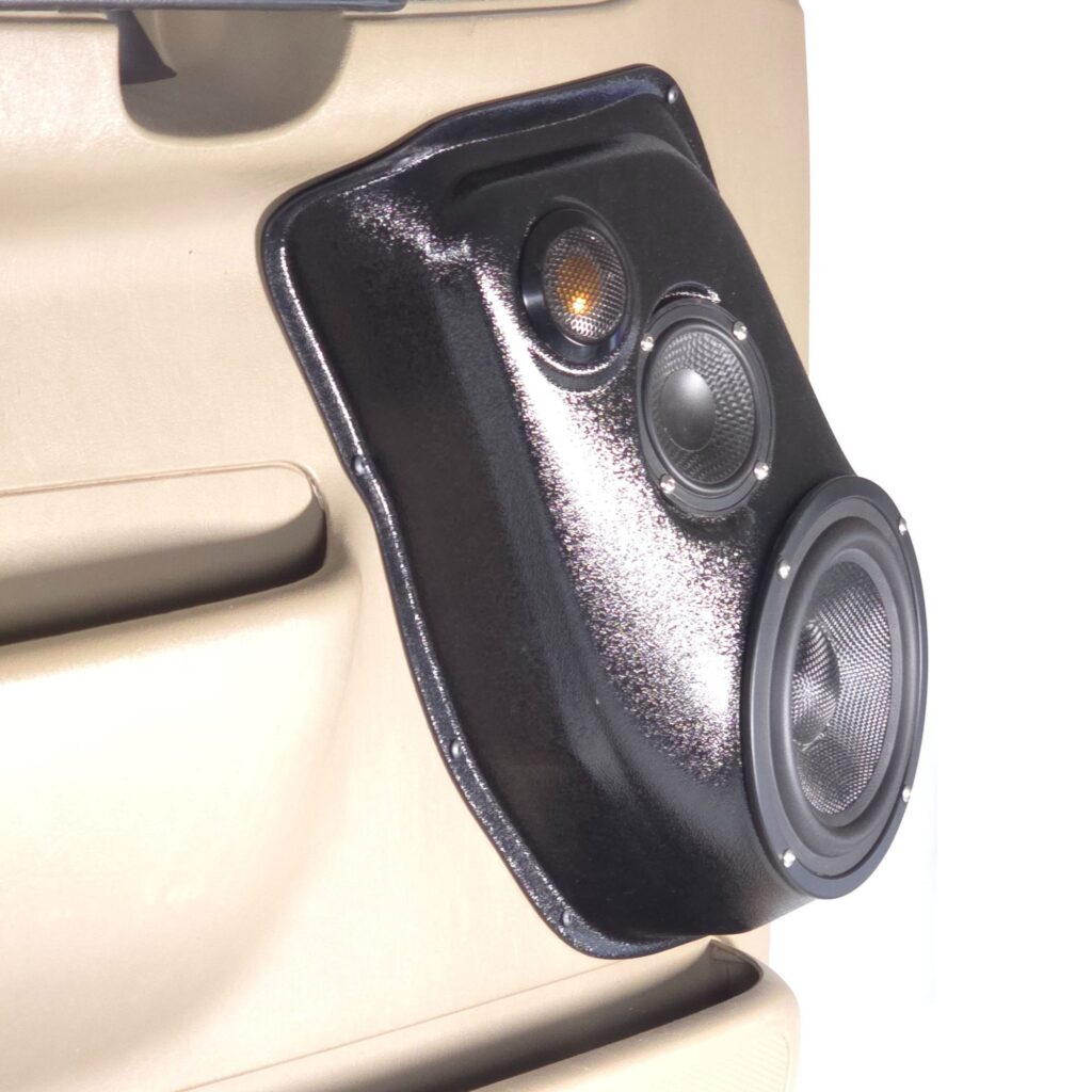 Front Door Custom Speaker Pods for the 1999-2007 Ford Excursion F-250F-350 to hold 6.5 in and 3.5 in and 2.0 in speakers for car audio installation upgrade