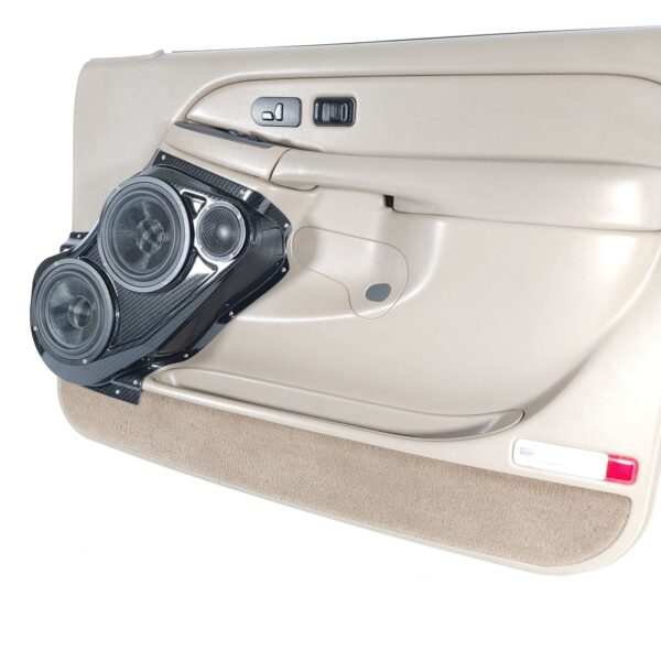 Front Door Custom Speaker Pods for the 2000-2006 Cadillac Escalade Chevrolet Avalanche Silverado Tahoe Suburban GMC Sierra Yukon to hold Dual 6.5 in and 3.5 in speakers for car audio installation upgrade