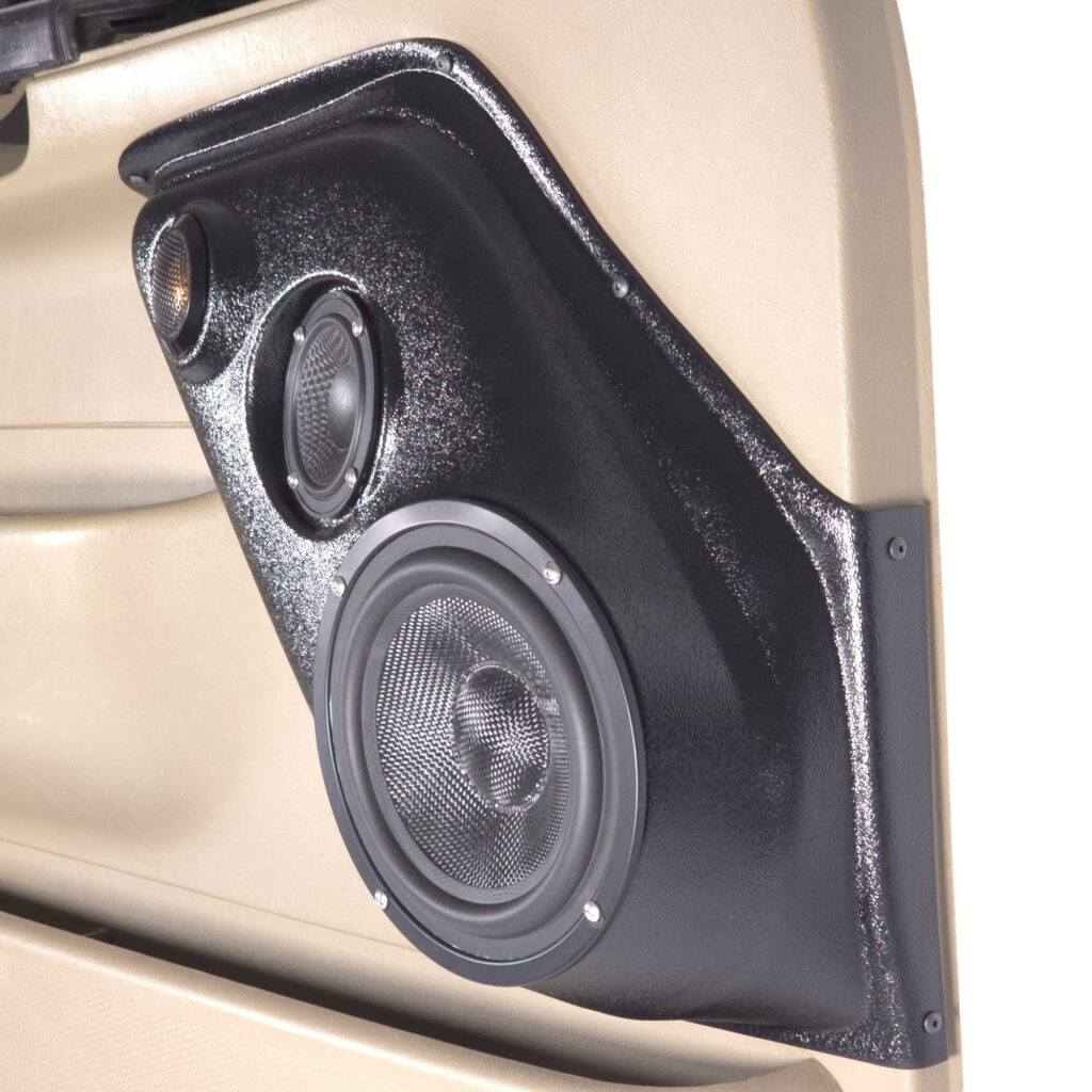 Front Door Custom Speaker Pods for the 1999-2007 Ford Excursion F-250F-350 to hold 6.5 in and 3.5 in and 2.0 in speakers for car audio installation upgrade