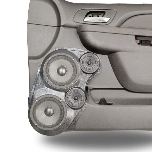 Front Door Custom Speaker Pods for the 2007-2009 Cadillac Escalade Chevrolet Avalanche Tahoe Silverado Suburban GMC Yukon Sierra to hold Dual 6.5 in and Dual 3.5 in speakers for car audio installation upgrade