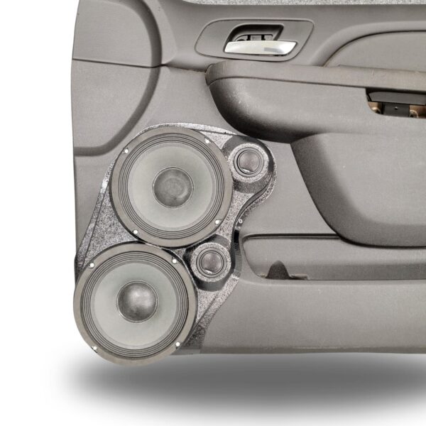 Front Door Custom Speaker Pods for the 2007-2009 Cadillac Escalade Chevrolet Avalanche Tahoe Silverado Suburban GMC Yukon Sierra to hold Dual 8.0 in and Dual 2.0 in speakers for car audio installation upgrade