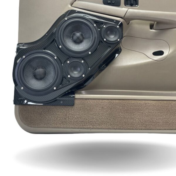 Front Door Custom Speaker Pods for the 2000-2006 Cadillac Escalade Chevrolet Avalanche Silverado Tahoe Suburban GMC Sierra Yukon to hold Dual 6.5 in and Dual 3.5 in speakers for car audio installation upgrade
