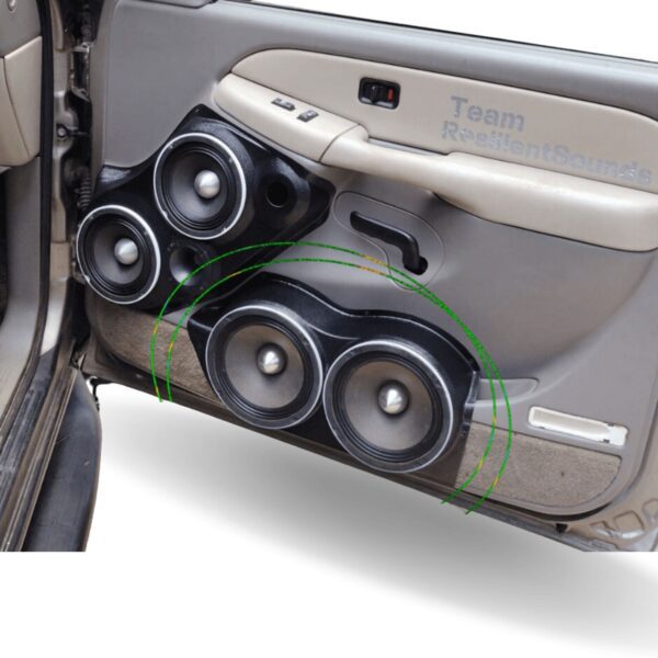 Front Door Custom Speaker Pods for the 2000-2006 Cadillac Escalade Chevrolet Avalanche Silverado Tahoe Suburban GMC Sierra Yukon to hold Dual 8.0 in speakers for car audio installation upgrade