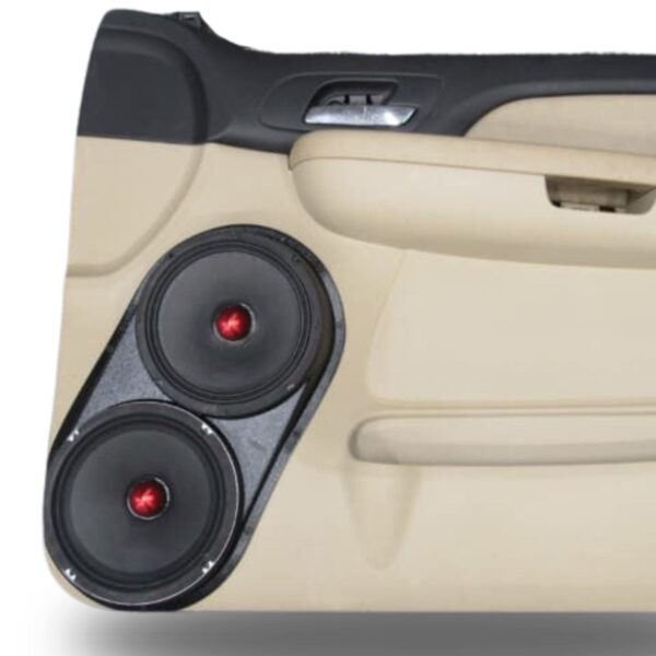 Front Door Custom Speaker Pods for the 2007-2009 Cadillac Escalade Chevrolet Avalanche Tahoe Silverado Suburban GMC Yukon Sierra to hold Dual 8.0 in speakers for car audio installation upgrade