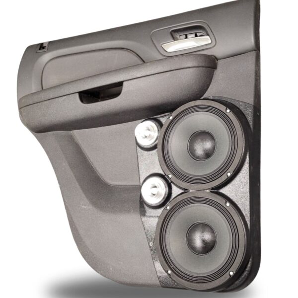 Rear Door Custom Speaker Pods for the 2007-2009 Cadillac Escalade Chevrolet Avalanche Tahoe Silverado Suburban GMC Yukon Sierra to hold Dual 8.0 in and Dual 2.0 in speakers for car audio installation upgrade