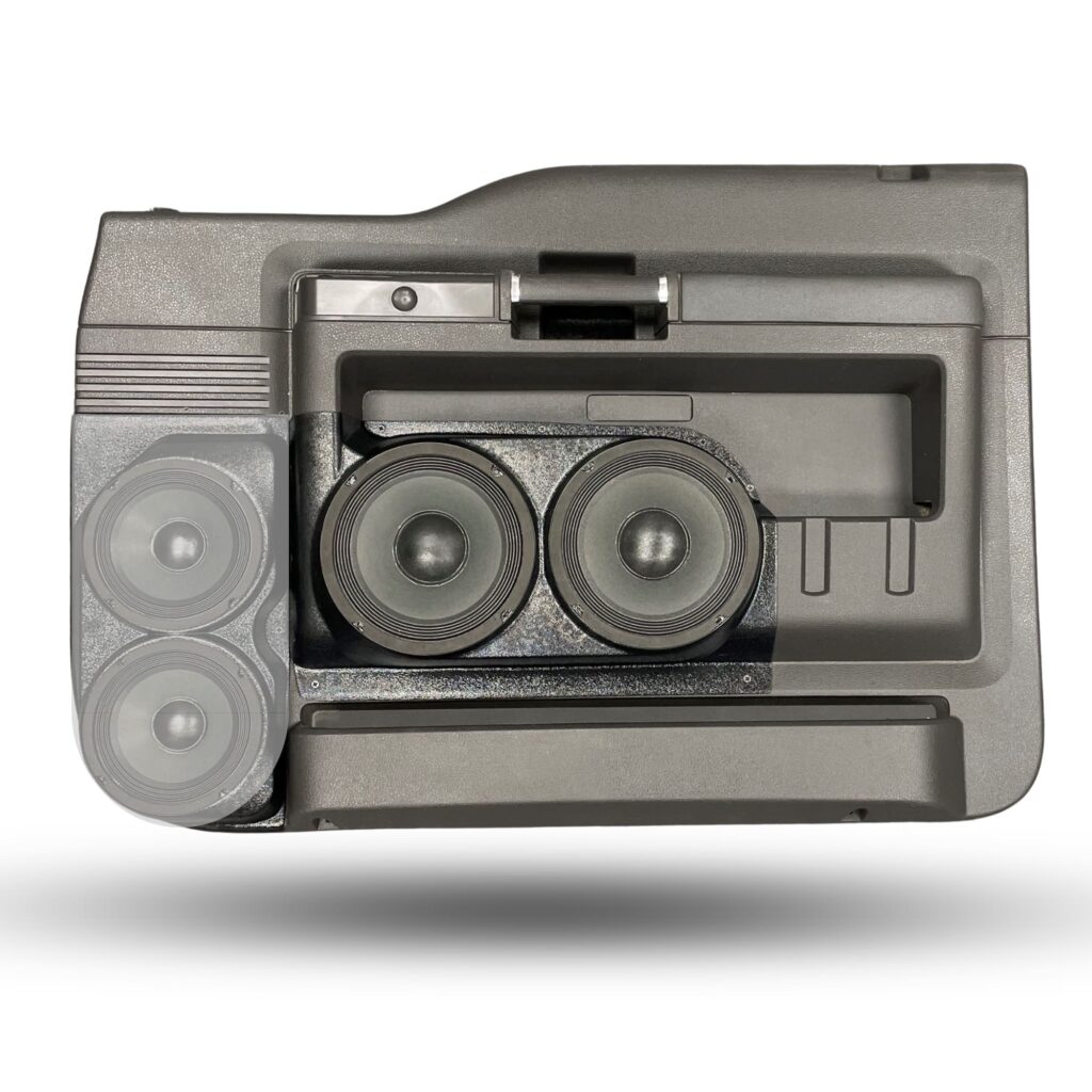 Front Door Custom Speaker Pods for the 2008-2009 Ford F-250F-350 to hold Dual 8.0 in speakers for car audio installation upgrade