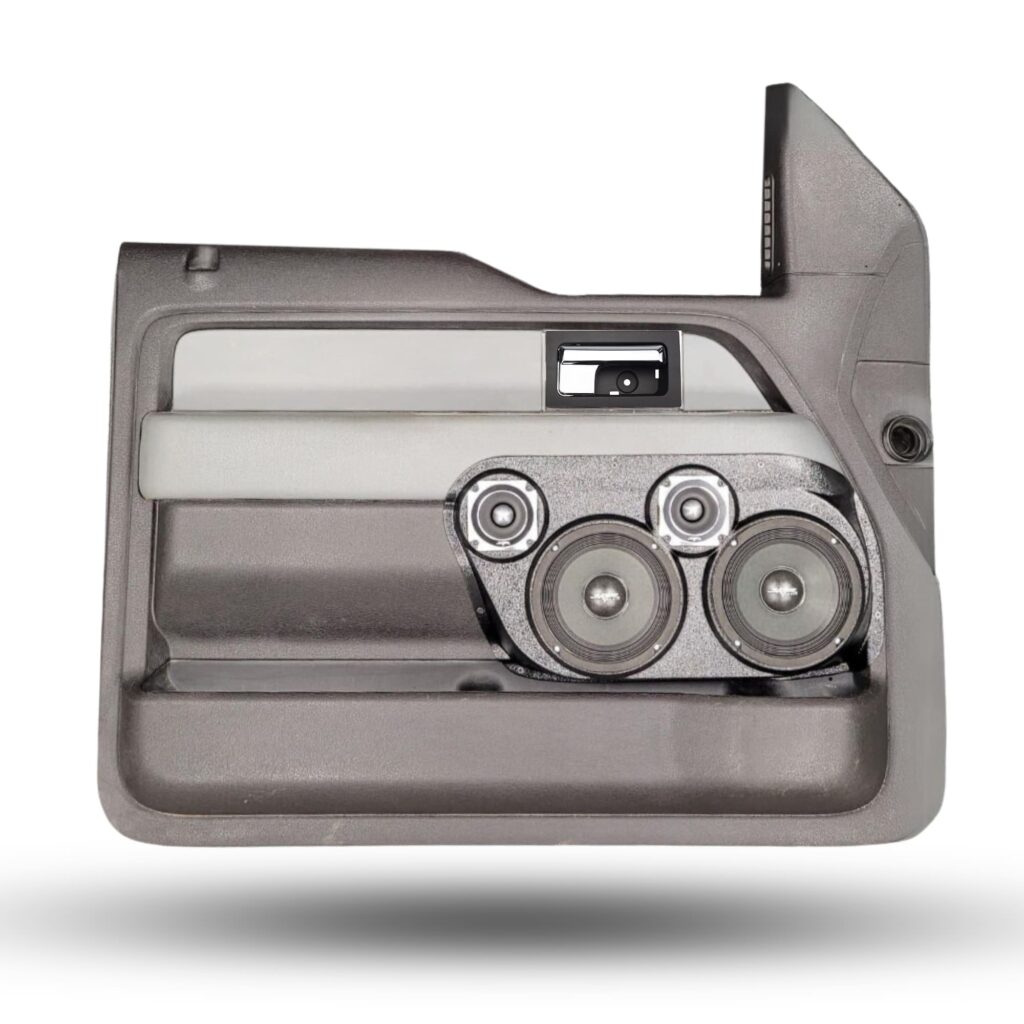 Front Door Custom Speaker Pods for the 2009-2014 Ford F-150 to hold Dual 6.5 in and Dual 3.5 in speakers for car audio installation upgrade