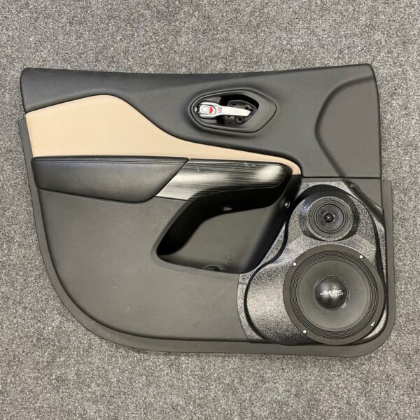 Front Door Custom Speaker Pods for the 2014-2023 Jeep Cherokee to hold 8.0 in and 3.5 in speakers for car audio installation upgrade