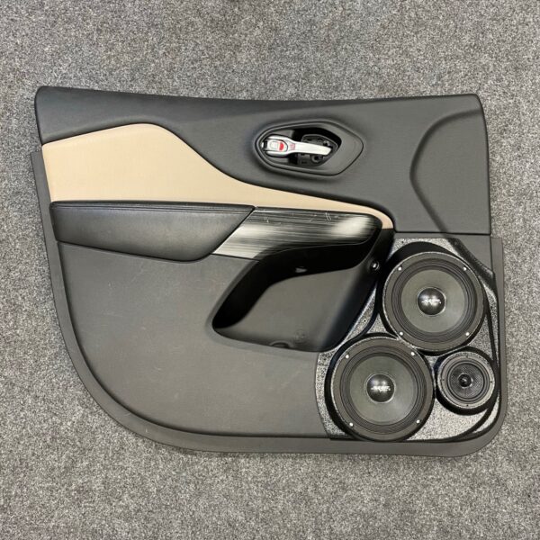 Front Door Custom Speaker Pods for the 2014-2023 Jeep Cherokee to hold Dual 6.5 in and 3.5 in speakers for car audio installation upgrade