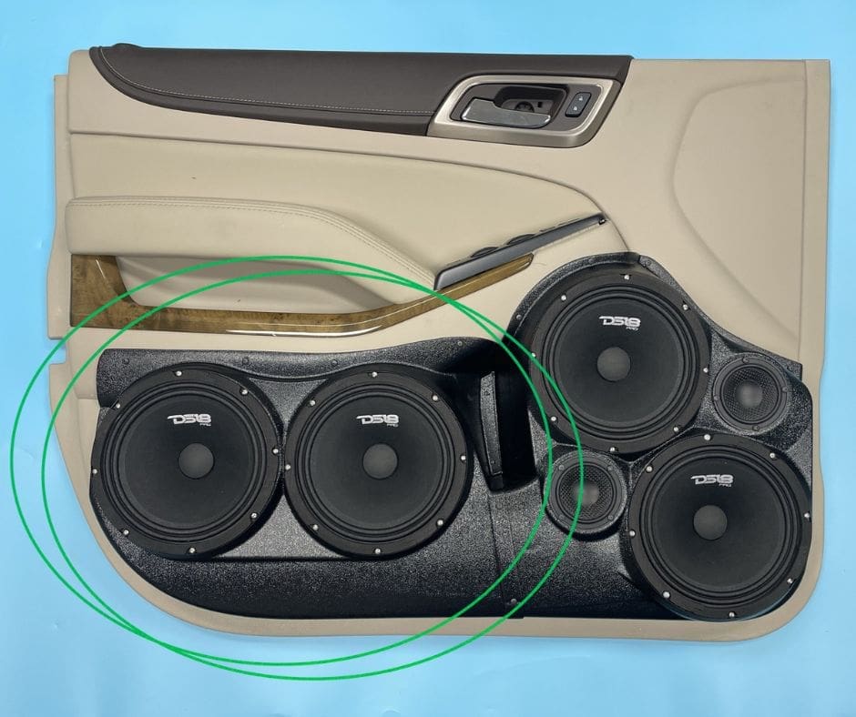 Front Door Custom Speaker Pods for the 2015-2020 Chevrolet Suburban Chevrolet Tahoe GMC Yukon to hold Dual 8.0 in speakers for car audio installation upgrade