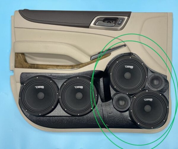 Front Door Custom Speaker Pods for the 2015-2020 Chevrolet Suburban Chevrolet Tahoe GMC Yukon to hold Dual 8.0 in and Dual 3.5 in speakers for car audio installation upgrade