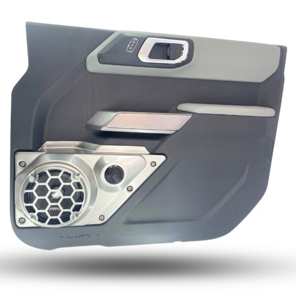 Front Door Custom Speaker Pods for the 2021-2023 Ford Bronco to hold 6.5 in and 2.0 in speakers for car audio installation upgrade