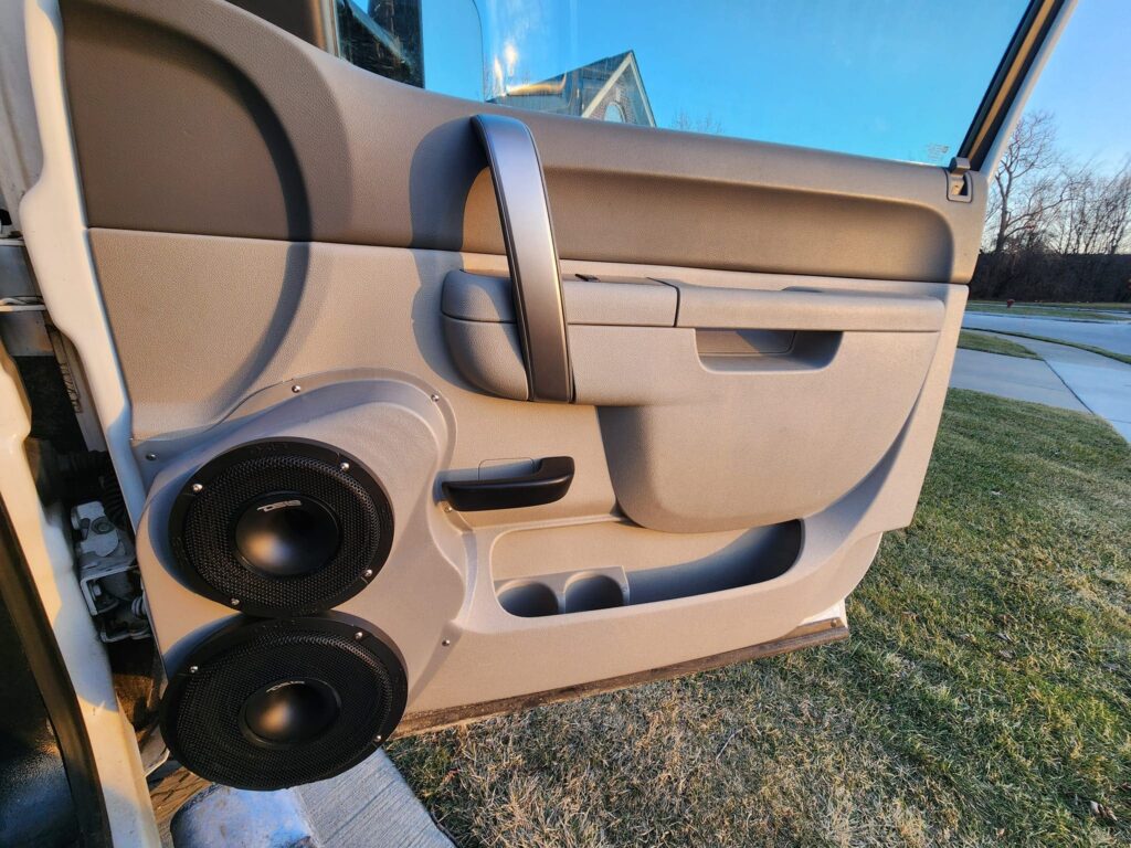 Front Door Custom Speaker Pods for the 2010-2013 Chevrolet Silverado GMC Sierra to hold Dual 6.5 in speakers for car audio installation upgrade