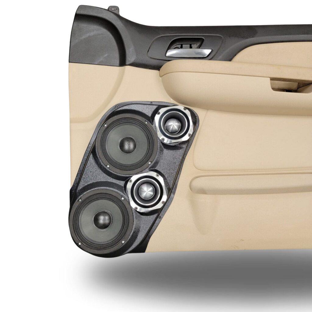 Front Door Custom Speaker Pods for the 2007-2009 Cadillac Escalade Chevrolet Avalanche Tahoe Silverado Suburban GMC Yukon Sierra to hold Dual 6.5 in and Dual 4.0 in speakers for car audio installation upgrade