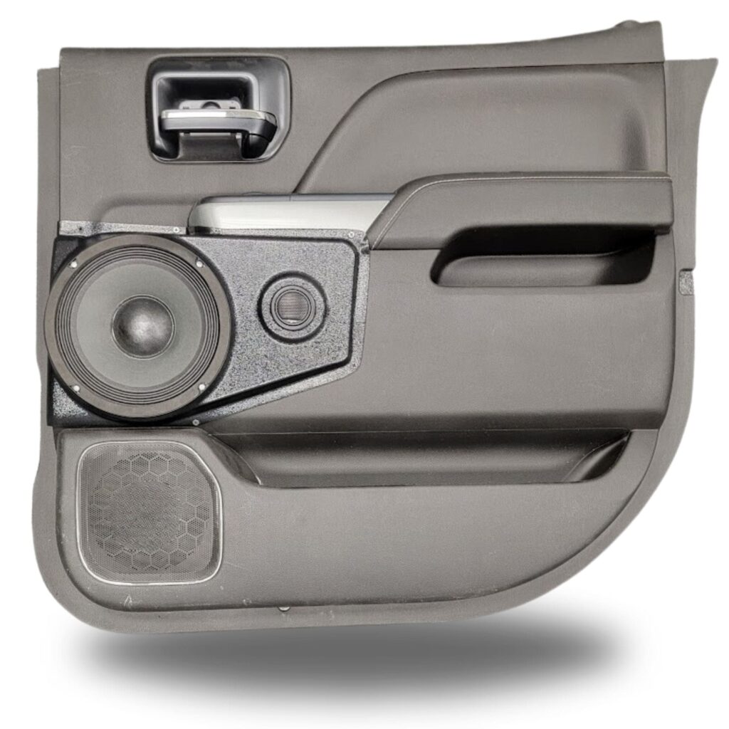 Rear Door Custom Speaker Pods for the 2014-2018 Chevrolet Silverado GMC Sierra to hold 8.0 in and 2.0 in speakers for car audio installation upgrade