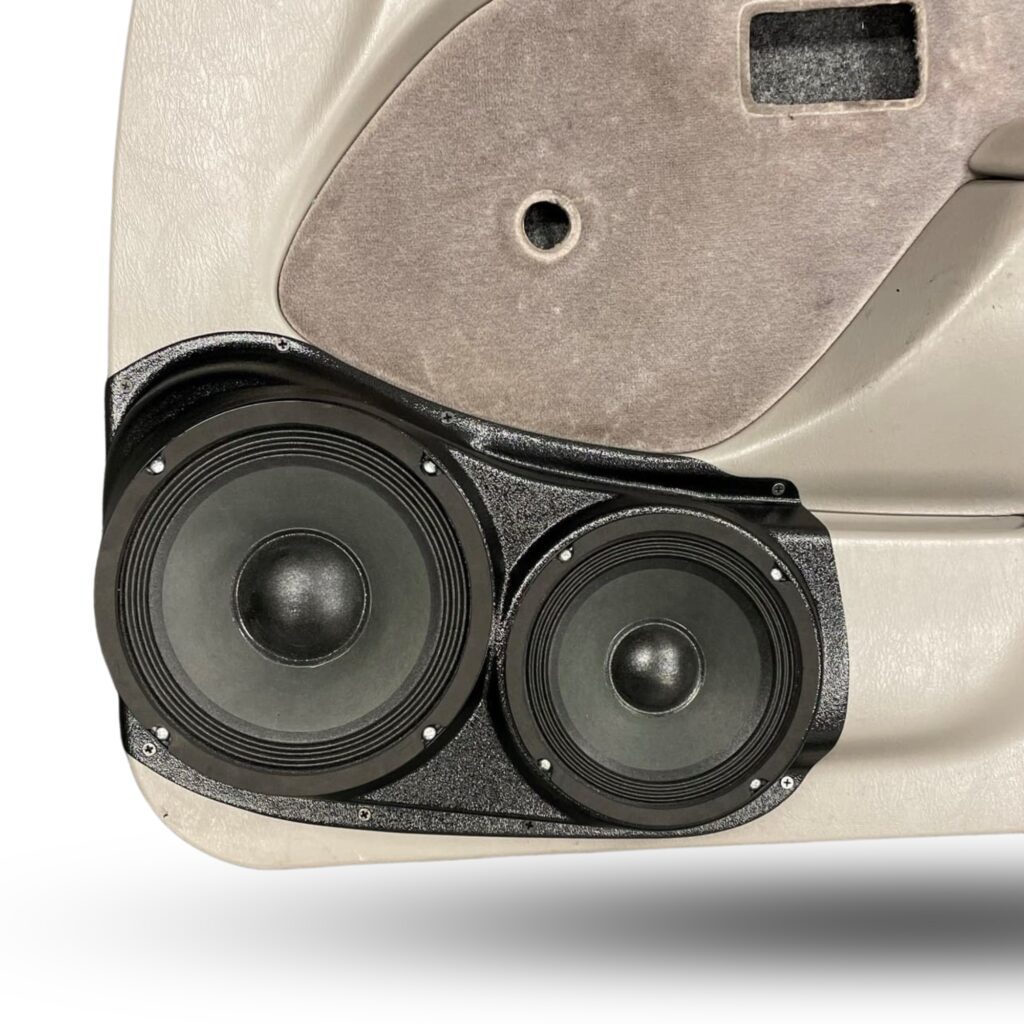Front Door Custom Speaker Pods for the 2001-2004 Toyota Tacoma to hold 8.0 in and 6.5 in speakers for car audio installation upgrade