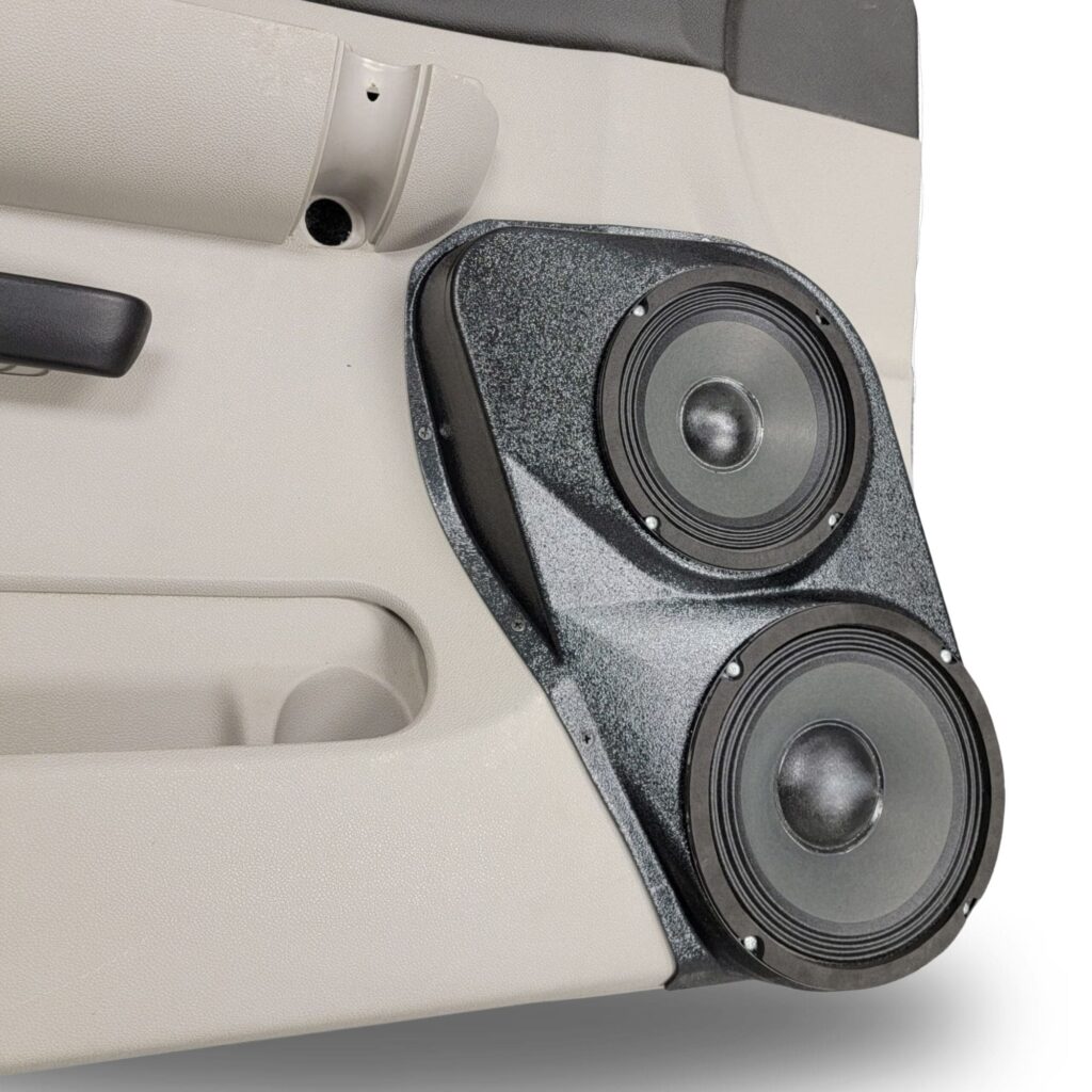 Front Door Custom Speaker Pods for the 2007-2009 Chevrolet Silverado GMC Sierra to hold 8.0 in and 6.5 in  speakers for car audio installation upgrade