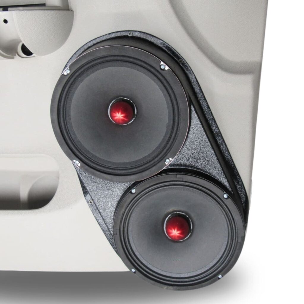 Front Door Custom Speaker Pods for the 2007-2009 Chevrolet Silverado GMC Sierra to hold Dual 8.0 in speakers for car audio installation upgrade