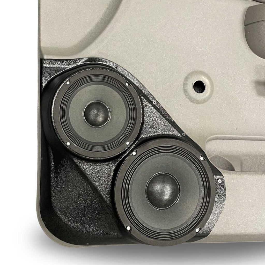 Front Door Custom Speaker Pods for the 2007-2009 Chevrolet Silverado GMC Sierra to hold 8.0 in and 6.5 in speakers for car audio installation upgrade