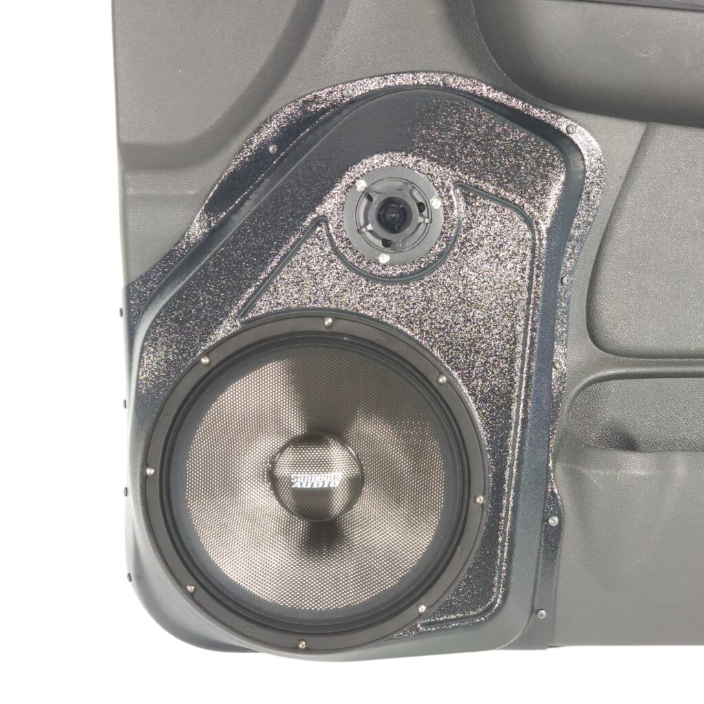 Front Door Custom Speaker Pods for the 2007-2009 Chevrolet Avalanche Silverado Suburban Tahoe GMC Sierra Yukon to hold 10.0 in and 3.5 in  speakers for car audio installation upgrade