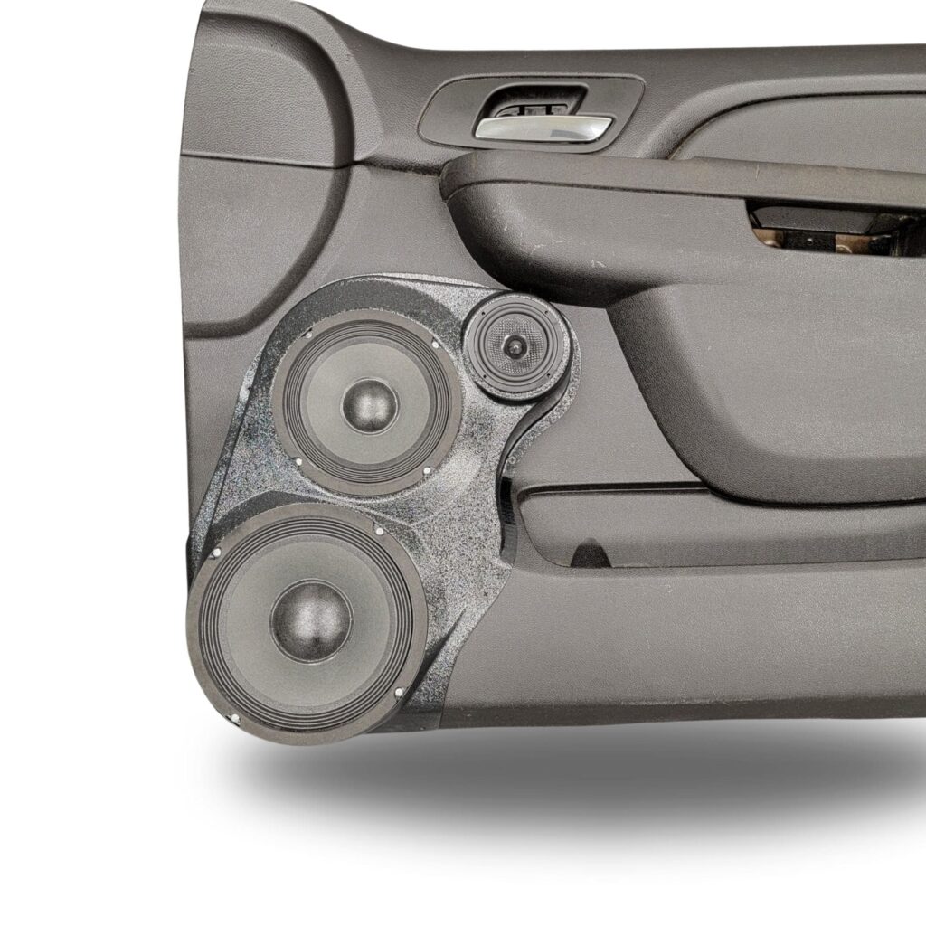 Front Door Custom Speaker Pods for the 2007-2009 Cadillac Escalade Chevrolet Avalanche Tahoe Silverado Suburban GMC Yukon Sierra to hold 8.0 in and 6.5 in and 3.5 in speakers for car audio installation upgrade