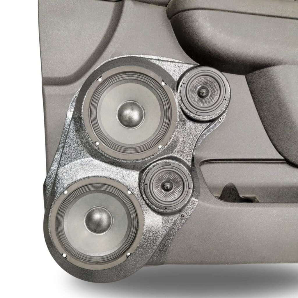 Front Door Custom Speaker Pods for the 2007-2009 Cadillac Escalade Chevrolet Avalanche Tahoe Silverado Suburban GMC Yukon Sierra to hold Dual 6.5 in and Dual 3.5 in speakers for car audio installation upgrade