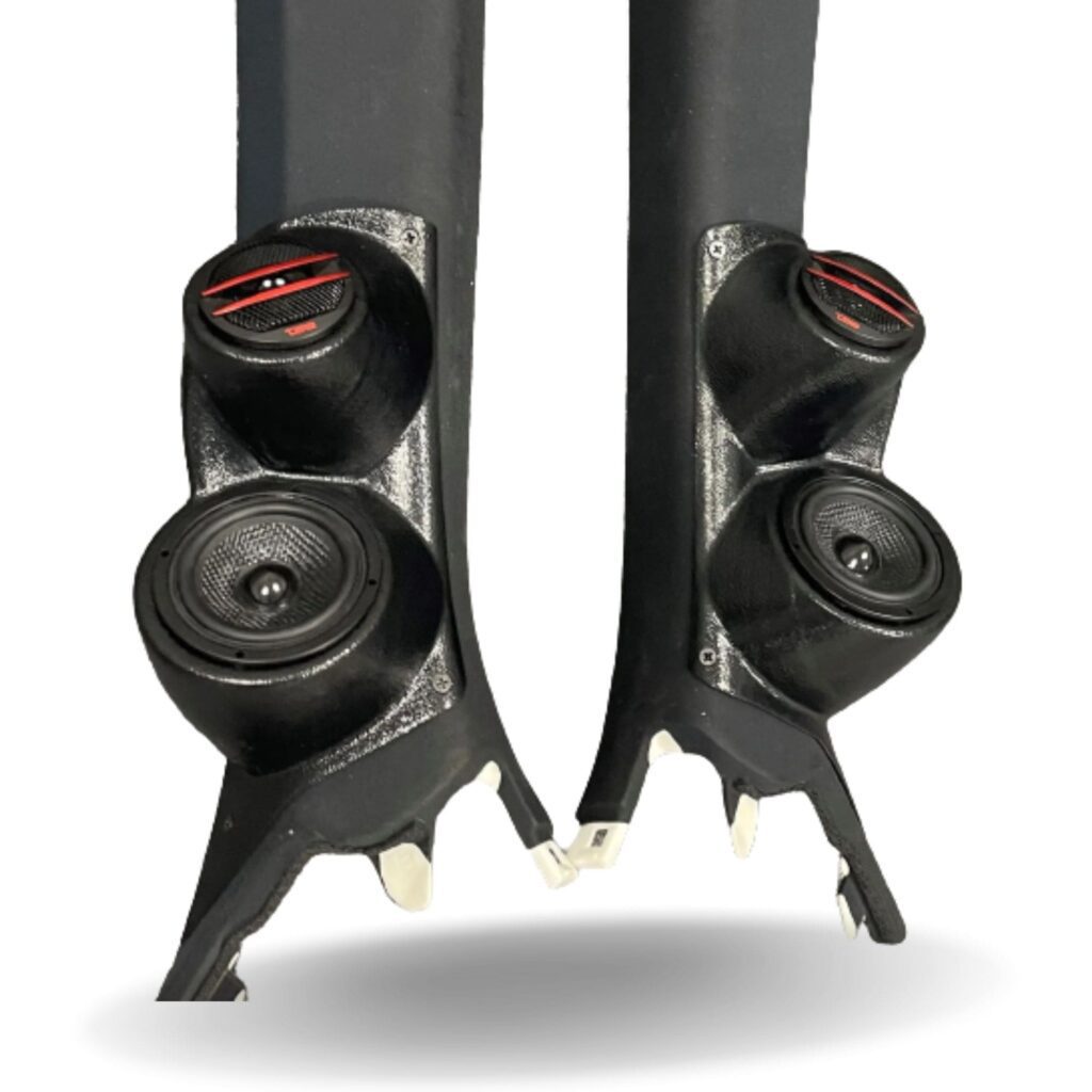 A-Pillar Custom Speaker Pods for the 2015-2021 Lexus RC to hold 3.5 in and 2.0 in speakers for car audio installation upgrade