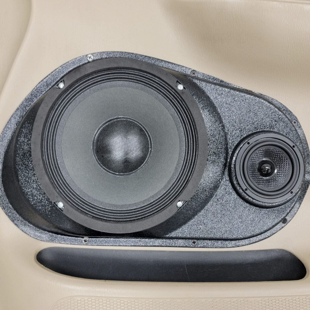 Front Door Custom Speaker Pods for the 1999-2003 Ford F-150 to hold 8.0 in and 3.5 in speakers for car audio installation upgrade