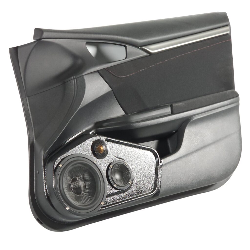 Front Door Custom Speaker Pods for the 2016-2020 Honda Civic to hold 6.5 in and 3.5 in and 2.0 in speakers for car audio installation upgrade