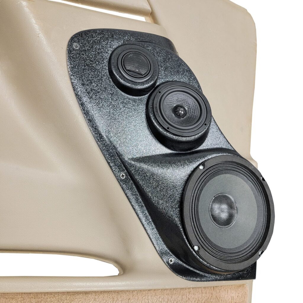 Front Door Custom Speaker Pods for the 2000-2006 Cadillac Escalade Chevrolet Avalanche Silverado Tahoe Suburban GMC Sierra Yukon to hold 6.5 in and 3.5 in and 2.0 in speakers for car audio installation upgrade
