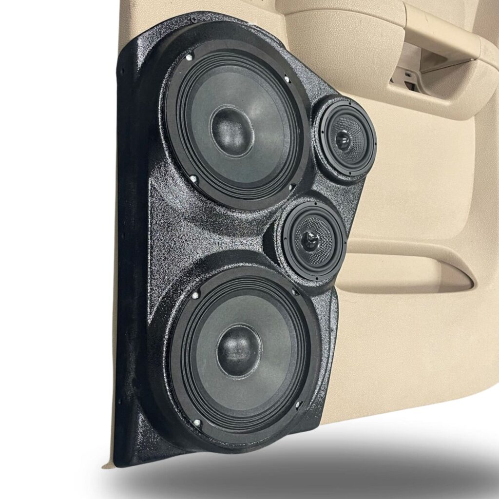 Rear Door Custom Speaker Pods for the 2007-2009 Chevrolet Silverado GMC Sierra to hold Dual 6.5 in and Dual 3.5 in speakers for car audio installation upgrade