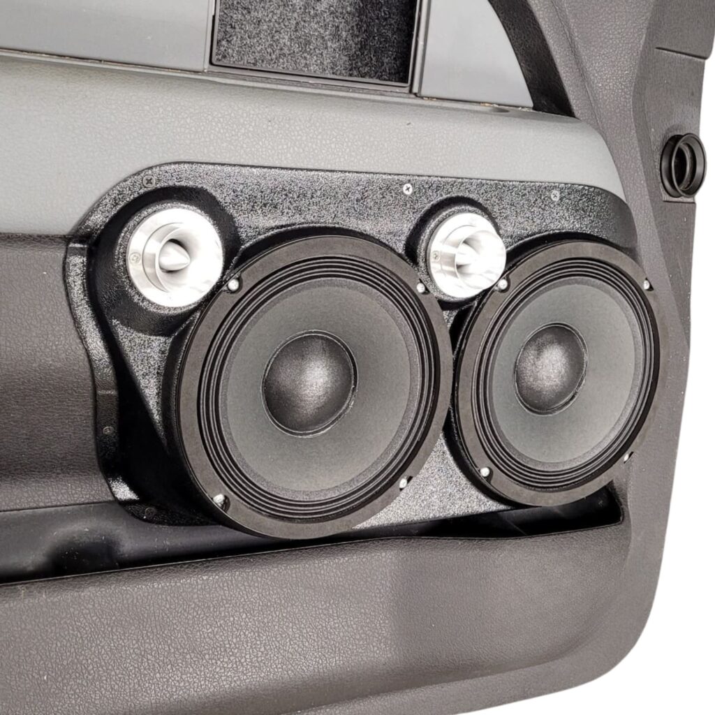 Front Door Custom Speaker Pods for the 2009-2014 Ford F-150 to hold Dual 8.0 in and Dual 2.0 in speakers for car audio installation upgrade