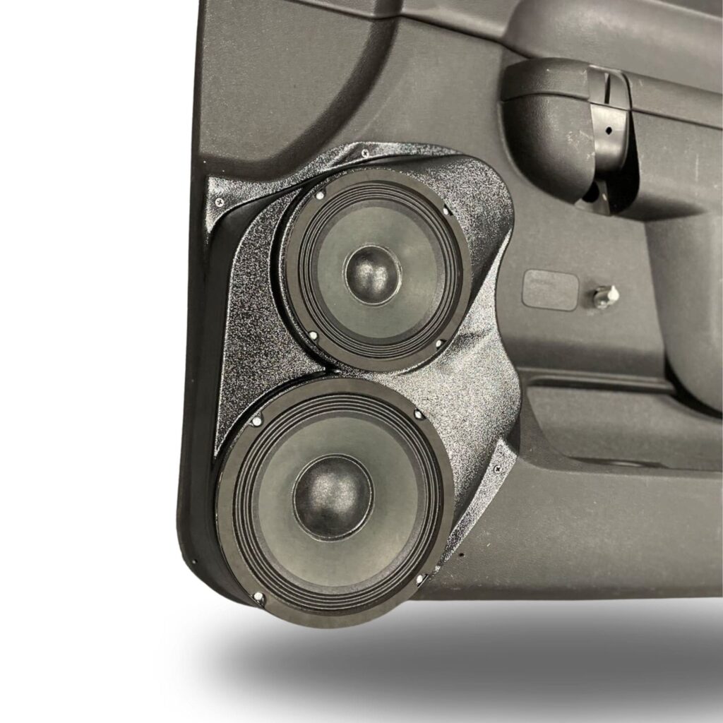 Front Door Custom Speaker Pods for the 2010-2013 Chevrolet Silverado GMC Sierra to hold 8.0 in and 6.5 in speakers for car audio installation upgrade