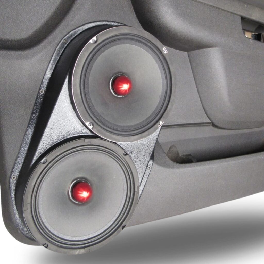 Front Door Custom Speaker Pods for the 2007-2009 Cadillac Escalade Chevrolet Avalanche Tahoe Silverado Suburban GMC Yukon Sierra to hold Dual 8.0 in speakers for car audio installation upgrade